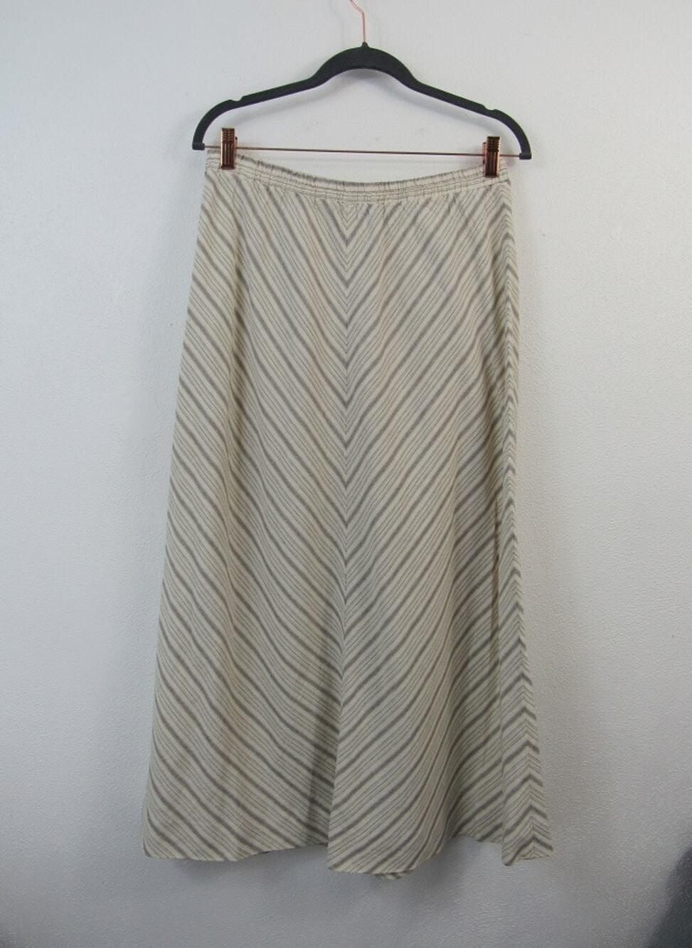 For Cynthia Large Taupe Cream Chevron Striped Midi Skirt Linen Blend Pull On